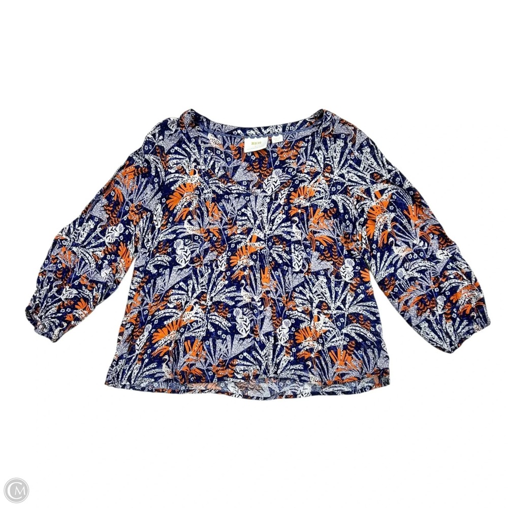 Maeve Anthropologie Navy Orange Tropical Tiger Flamingo V-Neck Pleated Blouse S